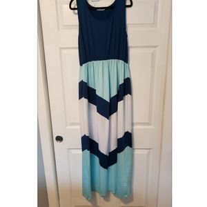 Navy Blue/Teal/White Striped Maxi Dress